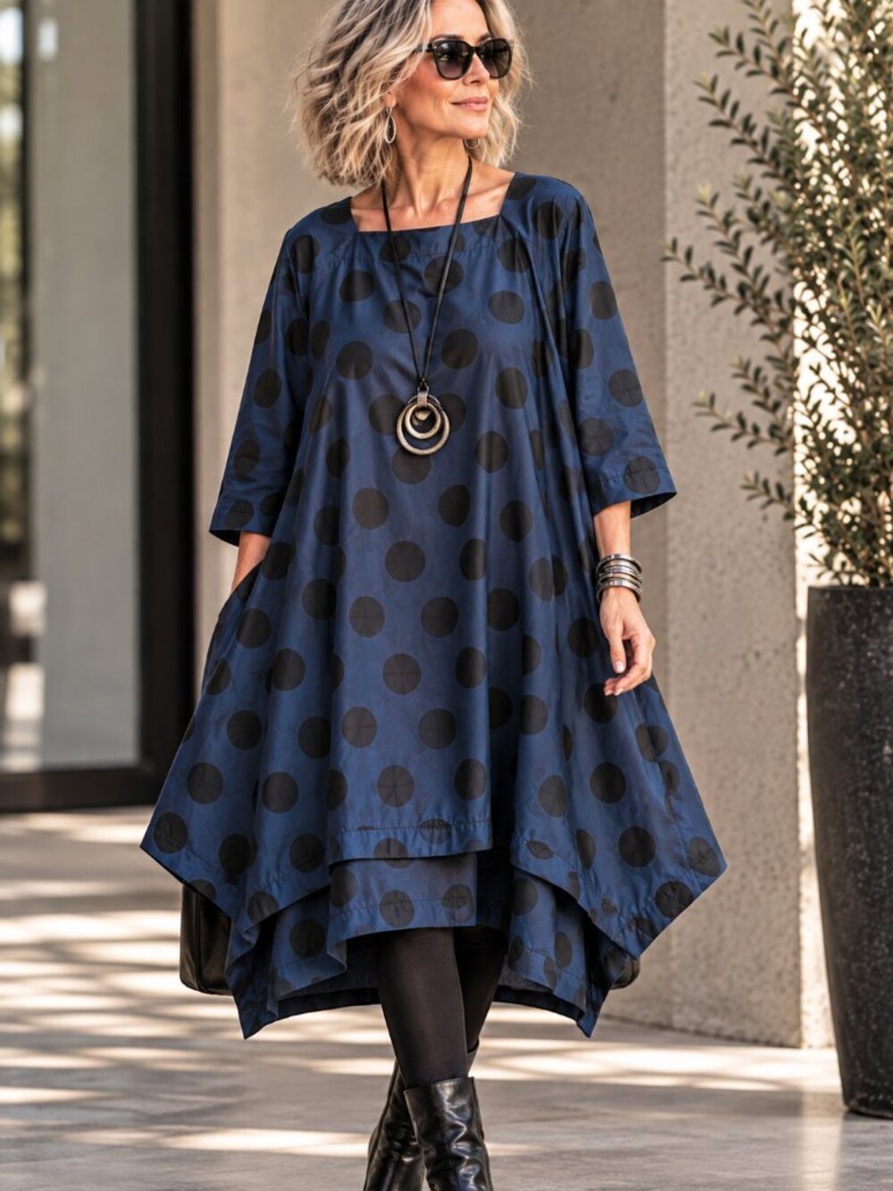 M Square Neetu Malik Polka Dot Swing Tunic Dress XL Lagenlook Art to Wear NWOT